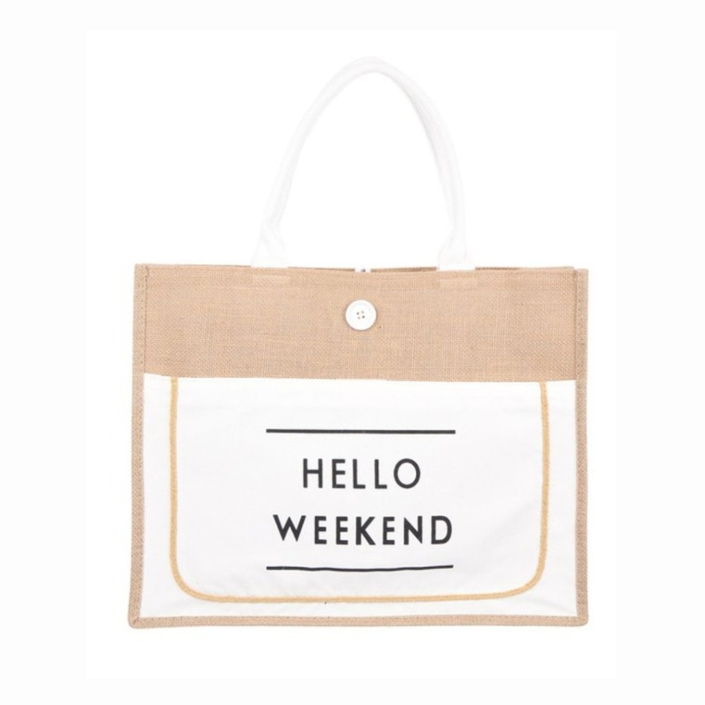 Hello Weekend Burlap Tote